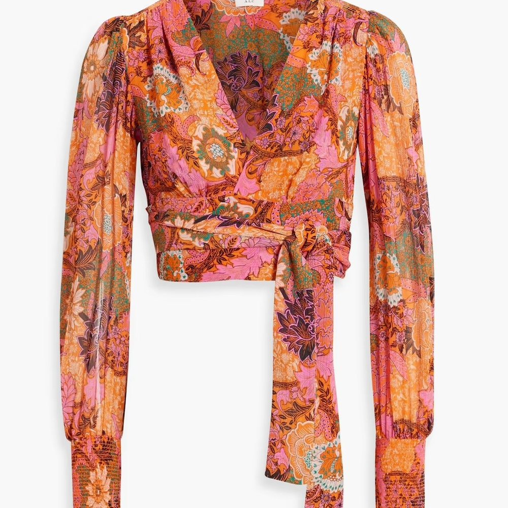 A.L.C. Samara cropped floral-print silk-georgette wrap blouse NWT